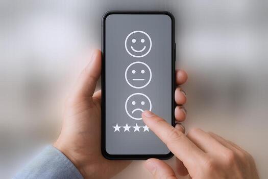 Customer feedback on mobile phone showing dissatisfaction with a rating tap on the screen photo