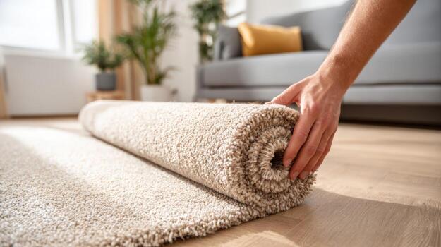 Rolling Out New Beige Carpet in Bright Room, Person Installing a Stylish Rug, Home Improvement photo