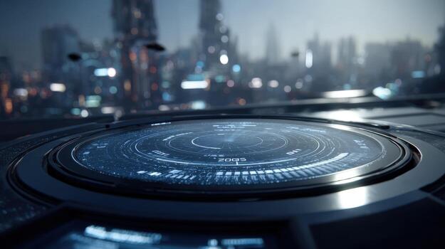 Futuristic Interface Platform in a Cyberpunk Cityscape, Abstract HUD Design for Technology Visualizations photo