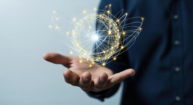 Digital Connection Network Concept Man Holding a Glowing Sphere of Connected Dots in His Palm photo