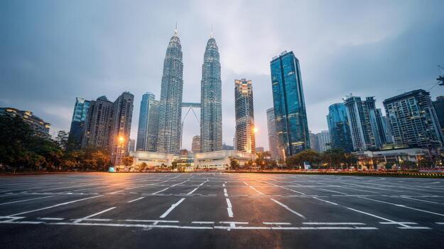 Cityscape View of Skyscrapers at Twilight Urban Development and Financial District with Modern Architecture photo