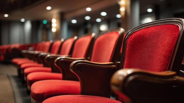 Rows of Plush Red Theater Seats in a Classic Auditorium with Soft Lighting Ambiance photo