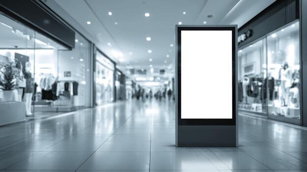Digital Display Mockup in Shopping Mall Blank Screen for Advertising, Promotion, and Marketing photo