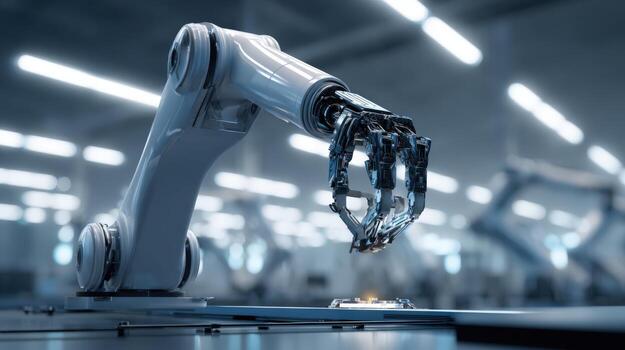 Automated Robotic Arm Precision Assembly High-Tech Manufacturing and Robotics Technology in Modern Industrial Factory photo