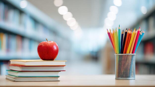 Back to School Concept with Stack of Books, Apple and Pencils in Library, Education Resources photo