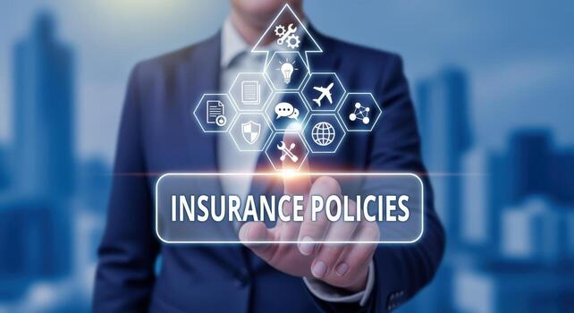 Insurance Policies Concept Businessman Activating Digital Interface with Various Coverage Icons on Cityscape Background photo