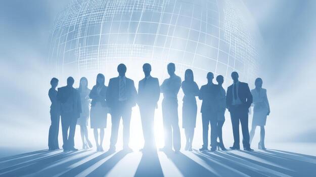 Global Business Team Standing United with a Globe Background Representing International Collaboration and Success photo