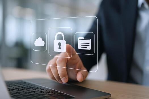 Data Security Concept Businessman Protecting Information on Virtual Interface with Cloud, Lock and Folder Icons photo