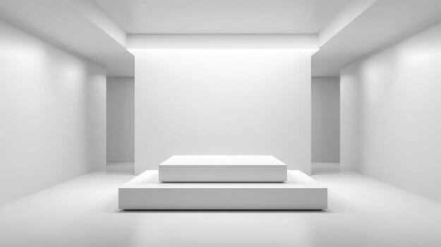 Minimalist White Exhibition Space with Pedestal Platform, Clean Architecture for Product Display and Presentation photo