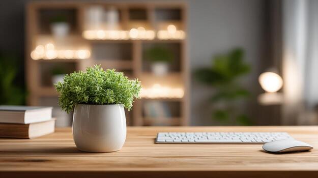 Workplace Serenity Potted Plant on Desk with Keyboard and Mouse, Creating a Calm and Productive Atmosphere photo