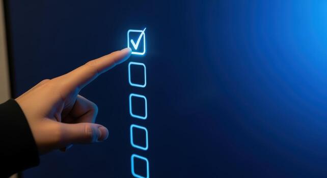 humano mano seleccionando opción desde digital Lista de Verificación interfaz en un azul pantalla foto