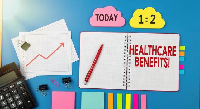 Healthcare Benefits Concept Open Notebook with Pen, Calculator, and Chart on Blue Background photo