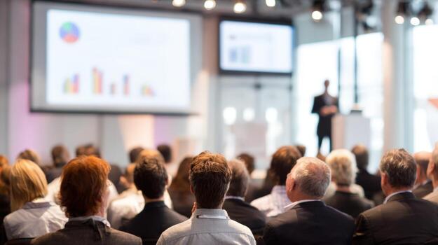 Corporate Conference Presentation with Audience Watching Speaker and Display Screen with Graph Information photo