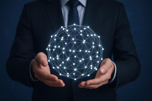 Businessman Holds Abstract Network Globe Concept of Global Connectivity, Innovation, and Futuristic Technology photo