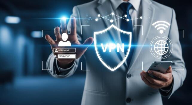 seguro vpn conexión hombre en traje accediendo virtual privado red para datos proteccion en móvil foto