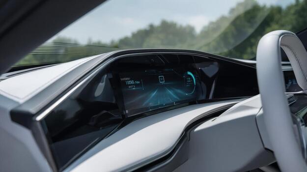 Sleek Car Dashboard Display with Modern Interface and White Interior Detailing for Automotive Technology photo