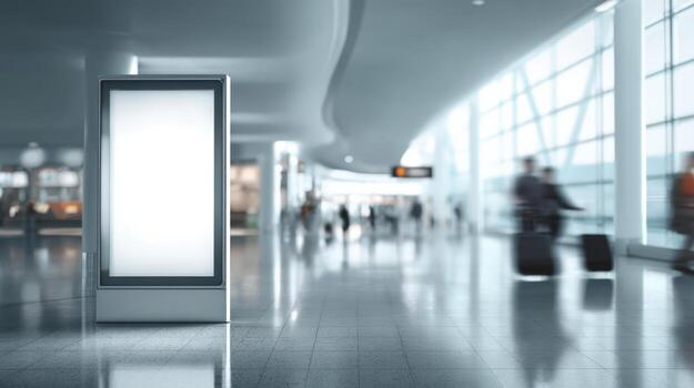 Blank Advertisement Billboard Mockup in Modern Airport Terminal with Blurred Passengers and Natural Light photo