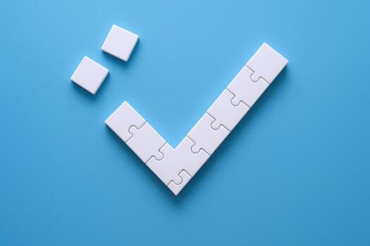 Puzzle Check Mark Symbol on Blue Background Completion, Success, and Approval Concept photo