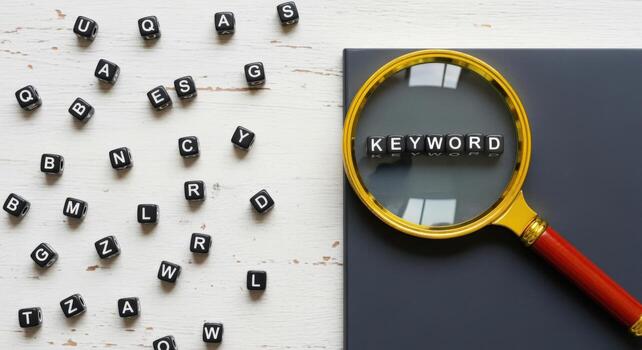 Keyword Search Concept Magnifying Glass Focusing on Keywords Amidst Scattered Letter Tiles on Desk photo