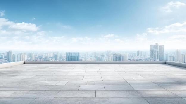 Rooftop View with Modern Cityscape Skyline, Minimalist Architecture and Urban Perspective on a Sunny Day photo