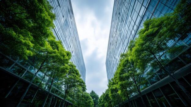 Modern Office Buildings with Green Trees Reflecting Sustainable Architecture and Urban Ecology under a Cloudy Sky photo