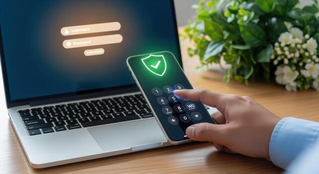 Secure Digital Access Hand Entering Code on Smartphone, Laptop Displaying Login Screen, Cybersecurity Concept photo