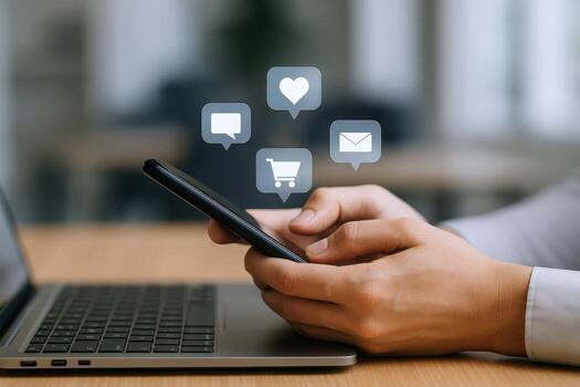 Engaged User Interacting with Mobile Interface Communication Icons, Online Shopping, and Social Media Engagement photo