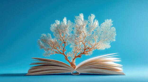 Conceptual Tree Growing From Open Book on Blue Background Symbolizing Knowledge, Education, and Growth photo