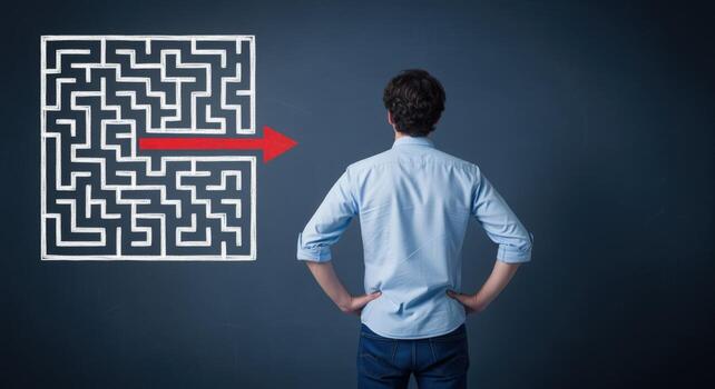 Man Stands Before a Maze with a Clear Path, Concept of Problem Solving photo