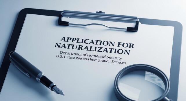 Naturalization Application on Clipboard with Pen and Magnifying Glass in a Business Setting photo