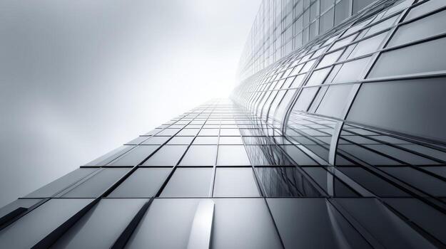 Futuristic Skyscraper Facade with Reflective Windows and Modern Architectural Design in Monochrome photo