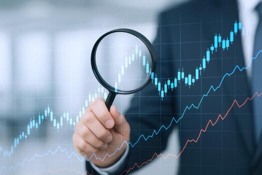 Analyzing Stock Market Growth with Magnifying Glass Investment Trends and Financial Data Analysis photo