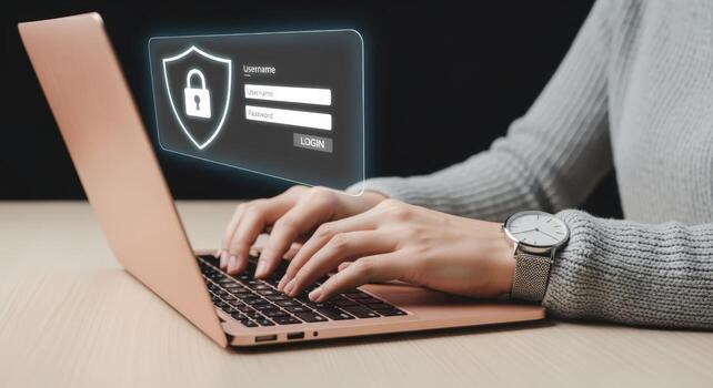 datos seguridad concepto mujer mecanografía en ordenador portátil con seguridad proteger cubrir para seguro acceso foto