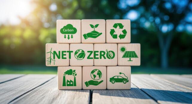 Net Zero Concept with Wooden Blocks on a Table Representing Sustainable Energy and Environmental Responsibility photo