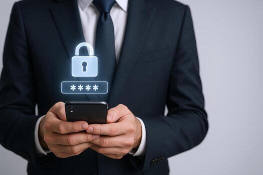 Data Protection Businessman Securing Mobile Device with Password for Cybersecurity and Privacy, Illustrating Digital Safety and Information Governance photo
