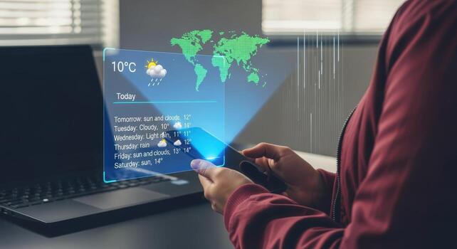 Augmented Reality Weather Forecast App on Smartphone with Global Map and Temperature, Person Using Technology photo