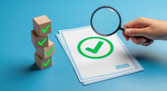 2025 Project Approval Magnifying Glass Inspecting Checklist on Paper with Green Check Marks and Wooden Cubes photo