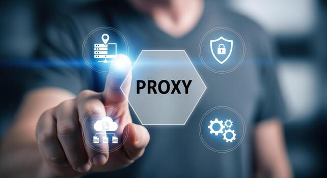 Proxy Server Concept Man Touching Holographic Interface for Security, Cloud Computing and Network Solutions photo
