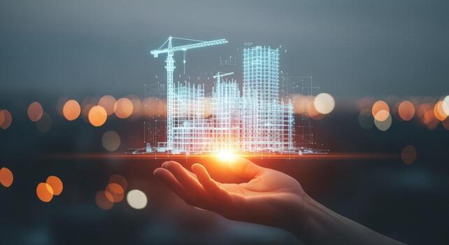 Digital Blueprint of a Building Project Held in Hand, Representing Architectural Visualization and Modern Construction Techniques photo