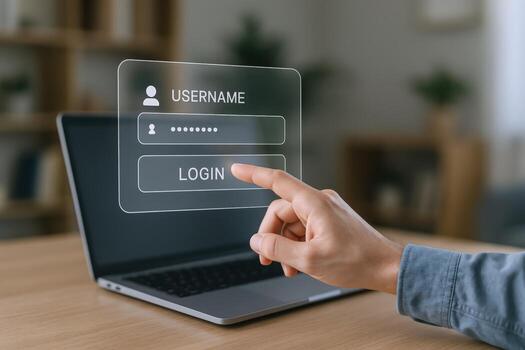 Secure Login Interface on Laptop with Finger Pressing Button for Cybersecurity Concept photo