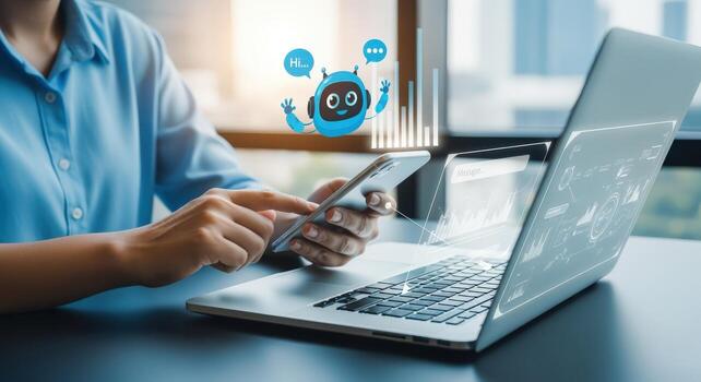 Woman Using Smartphone and Laptop with Chatbot Illustration for Modern Communication and AI Support photo