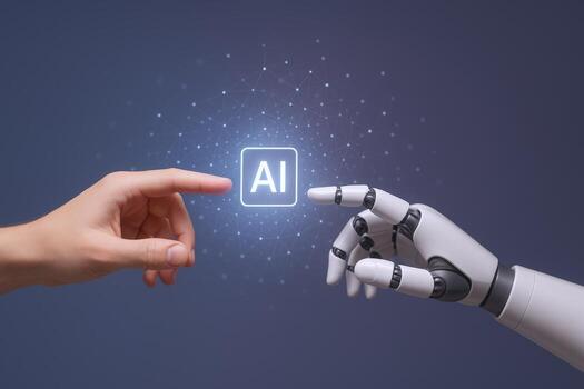 Human and Robot Hand Touching AI Icon - Artificial Intelligence Concept with Futuristic Design photo