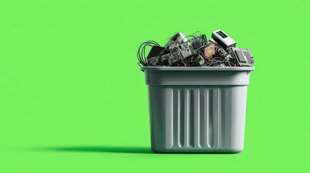 Electronic Waste in a Bin on Green Background E-Waste Recycling and Environmental Concept photo