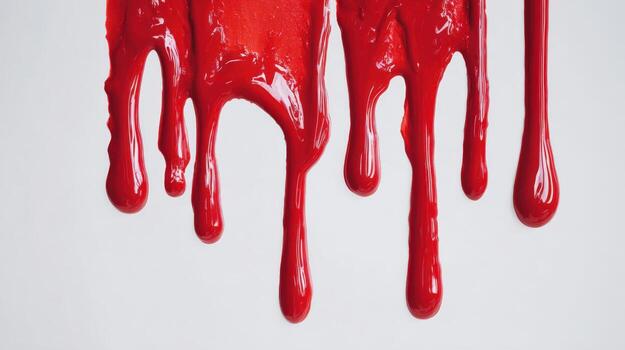 Vibrant Red Paint Dripping Downward, Creating an Abstract Visual Texture Against a White Background photo