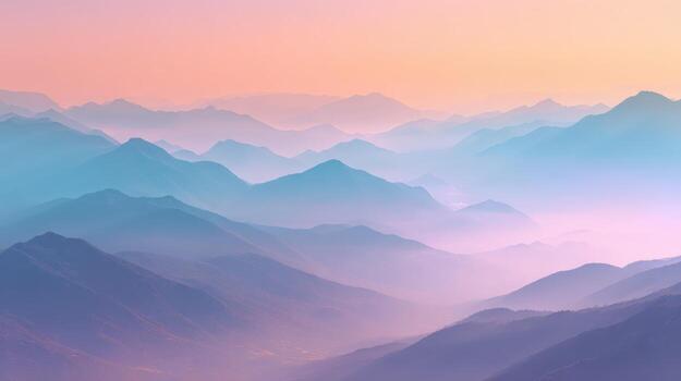 Layered Mountain Range Landscape at Sunset with Fog and Pastel Colors Creating a Dreamy Scene photo