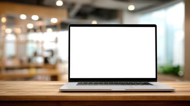 Laptop with Blank Screen on Wooden Desk in Modern Office Environment, Mockup Template photo