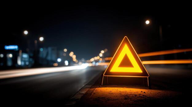 Emergency Warning Triangle on Roadside at Night Safety and Caution Alert for Traffic Accidents photo