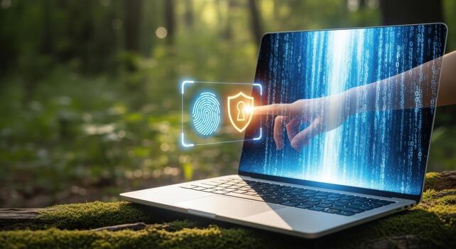 huella dactilar escanear en ordenador portátil pantalla en naturaleza biométrico autenticación y la seguridad cibernética concepto foto