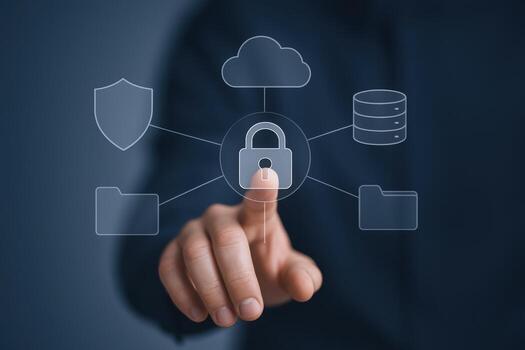 Data Protection Concept Finger Pointing at a Digital Padlock Connected to Cloud and Folders photo