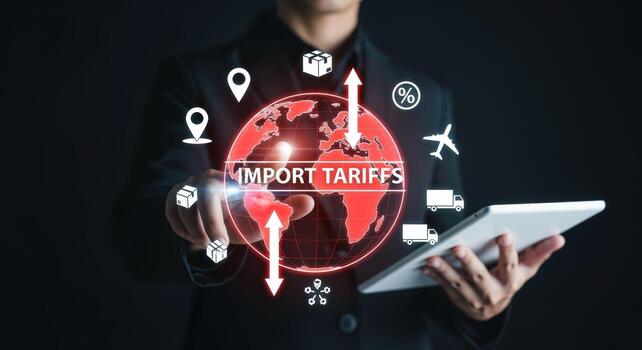importar tarifas y global comercio empresario navegando internacional regulaciones con digital tecnología interfaz en oscuro antecedentes foto